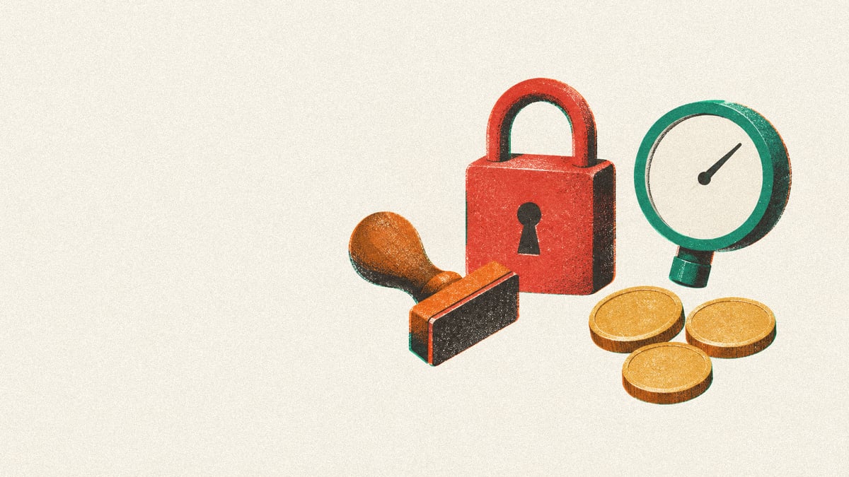 Illustration: a closed red padlock beside a blank stamp, gauge and coins.