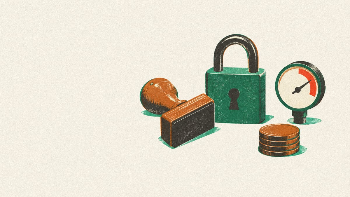 Illustration: a tipped stamp beside a padlock, coins, and a red gauge.
