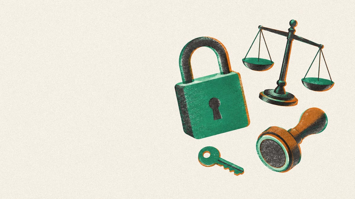 Illustration: a rubber stamp, padlock, key, and balance scale float on pale paper.