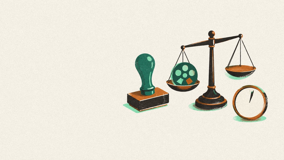 Illustration: a stamp, tilted scale with a game reel, and a gauge with a thin mark.