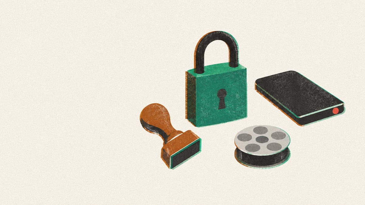 Illustration: a closed padlock, face-down phone, tilted stamp and blank reel symbols.