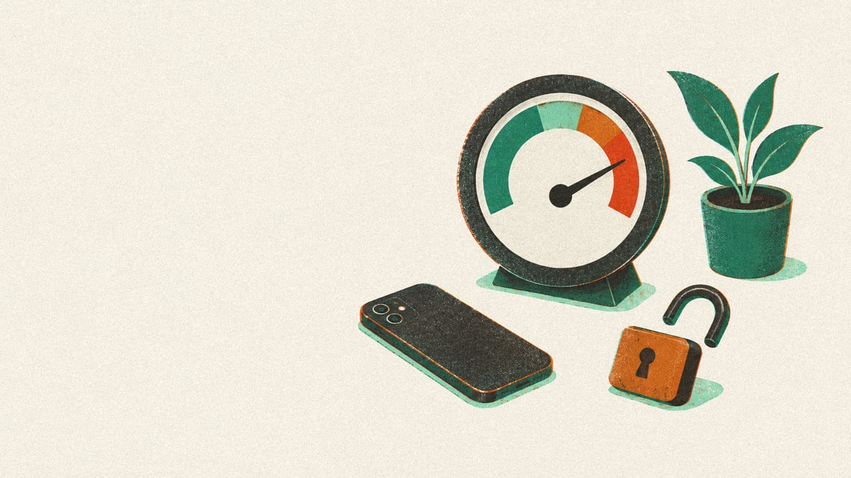 Illustration: a gauge needle in the red zone beside a face-down phone, open padlock, and plant.