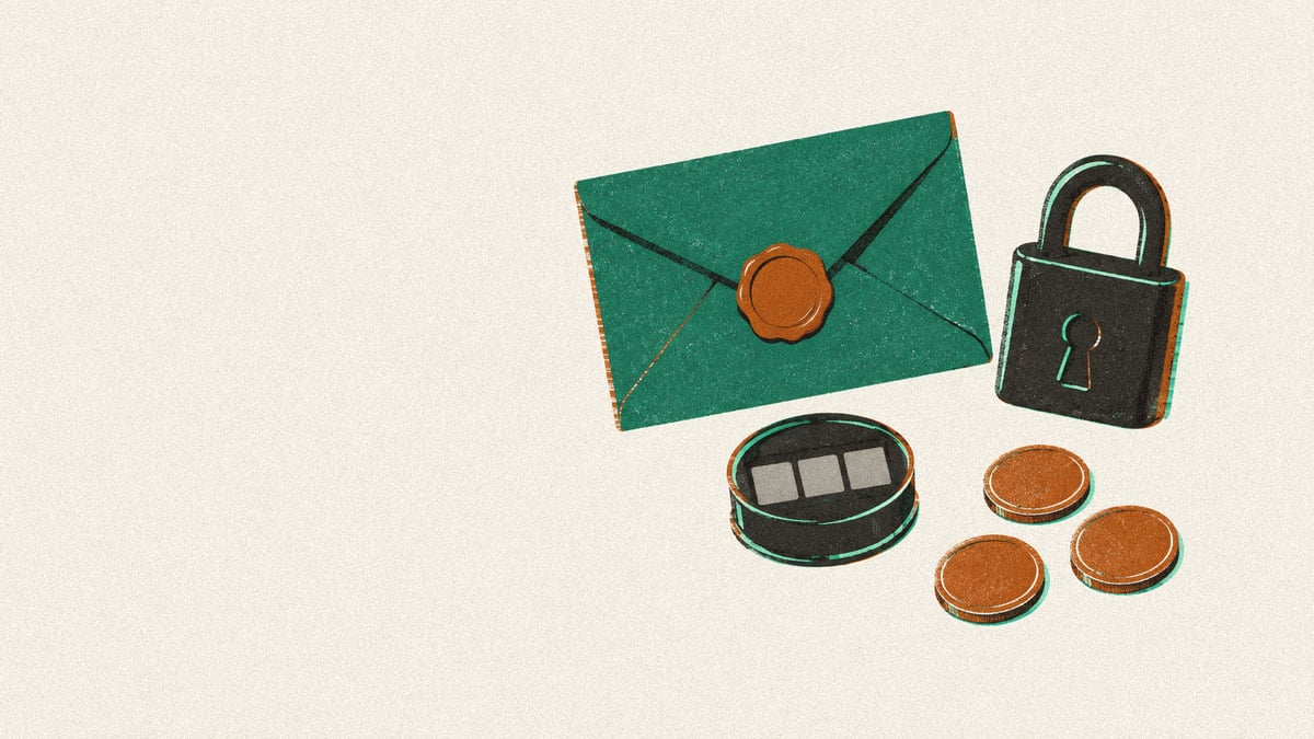 Illustration: sealed envelope, padlock, grey reel, and blank coins floating on paper.