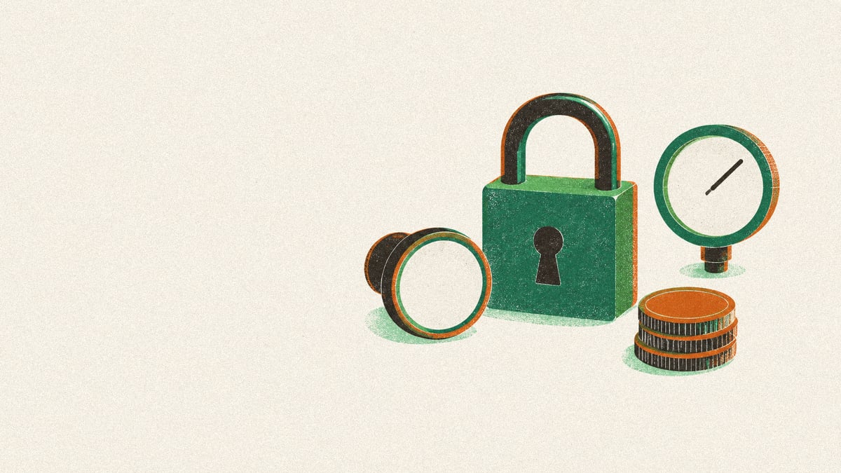 Illustration: a closed padlock, blank stamp, plain gauge, and stacked coins floating together.
