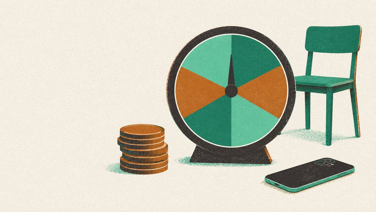 Illustration: a segmented circular gauge beside coins, an empty chair and a face-down phone.