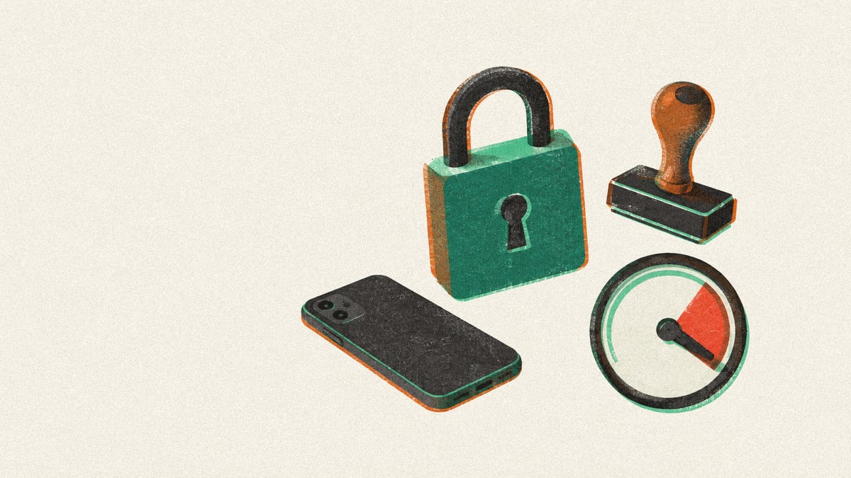 Illustration: a closed padlock, blank stamp, face-down phone, and gauge pointing into red.