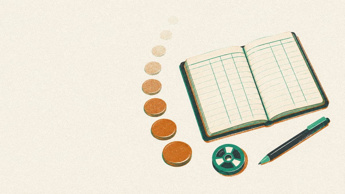 Illustration: an open ledger, a plain ball, a blank reel and coins fading away