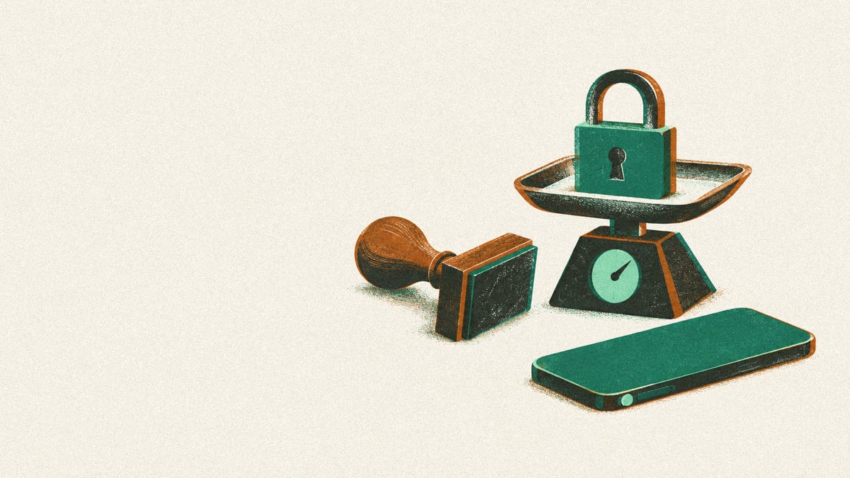 Illustration: a tipped stamp, closed padlock, small scale, and face-down phone floating together.