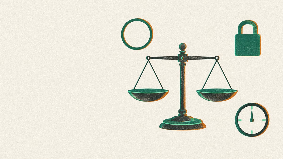 Ilustración: balanza equilibrada junto a sello, candado y medidor en blanco.